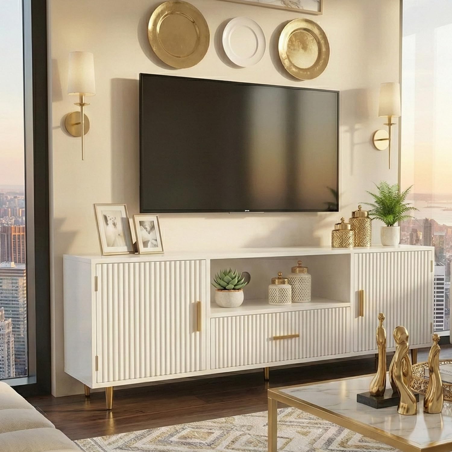 DIYART Modern Fluted TV Stand for 55/60/65 Inch TV, 57" Entertainment Center Media Console Table with Drawer & Storage Cabinets, Ribbed Design TV Cabinet Credenza for Living Room, White