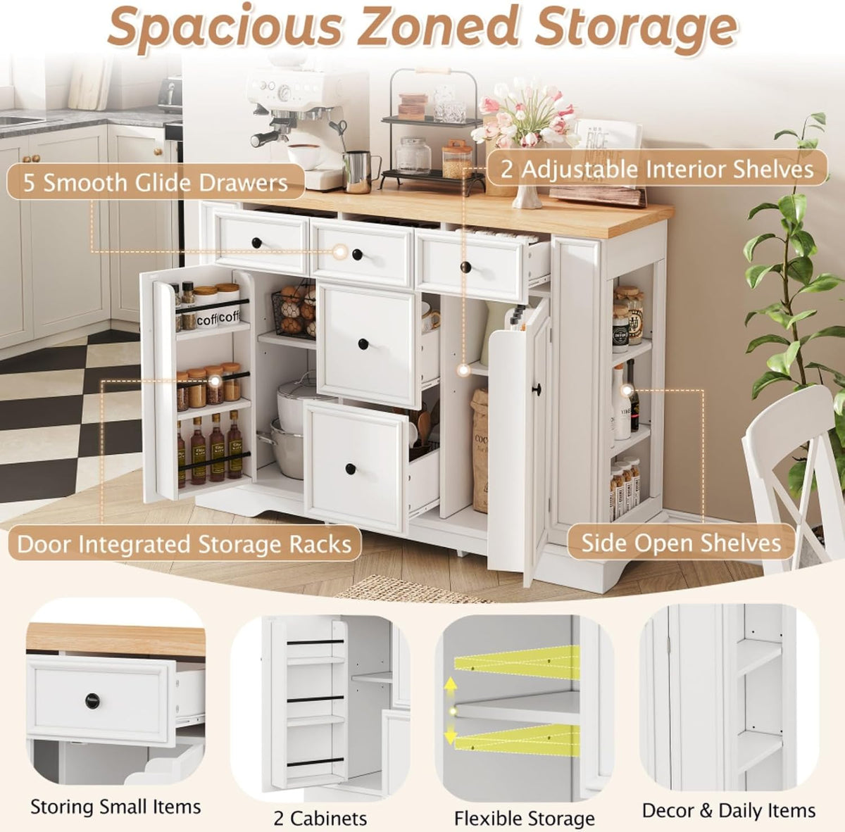 Hassyee Fixed Kitchen Island with Storage Space, Kitchen Console Table with 5 Drawers, 2 Cabinets, Adjustable Shelves, Buffet Server for Dining Room, Living Room, Entryway (White)