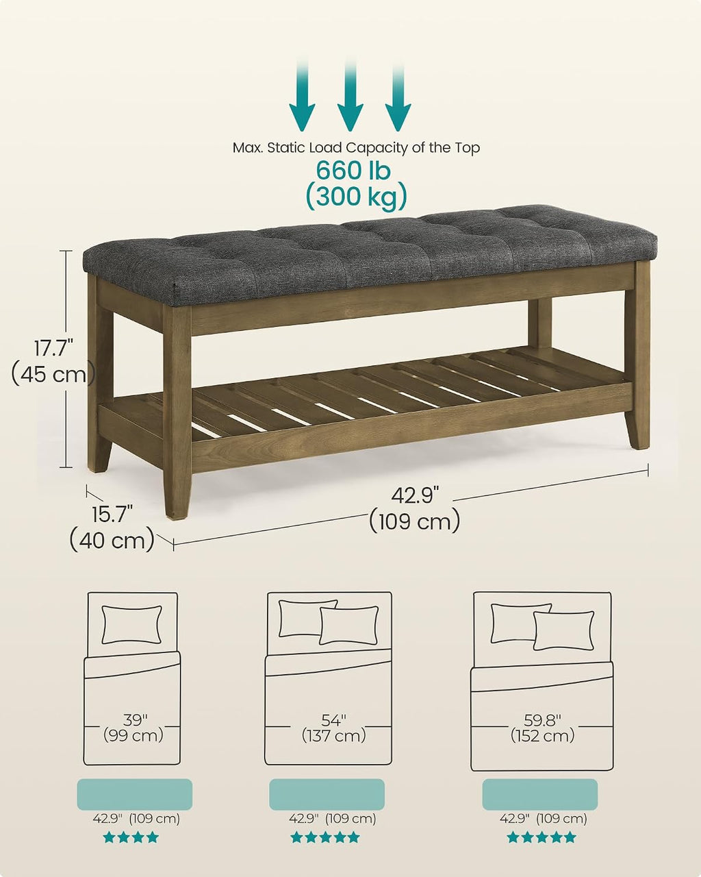 SONGMICS Storage Ottoman with Solid Wood Frame, 42.9 x 15.7 x 17.7 Inches | Rectangular Upholstered Bench, Footrest, Tufted Cushion, Easy Assembly, Slate Gray, MARY Collection ULSF009GN01