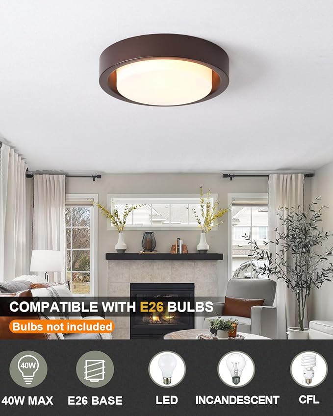 16 Inch Flush Mount Ceiling Light,3-Lights Oil Rubbed Bronze Finish with Frosted Glass Shade,Round Ceiling Light Fixture for Bedroom Livingroom Kitchen