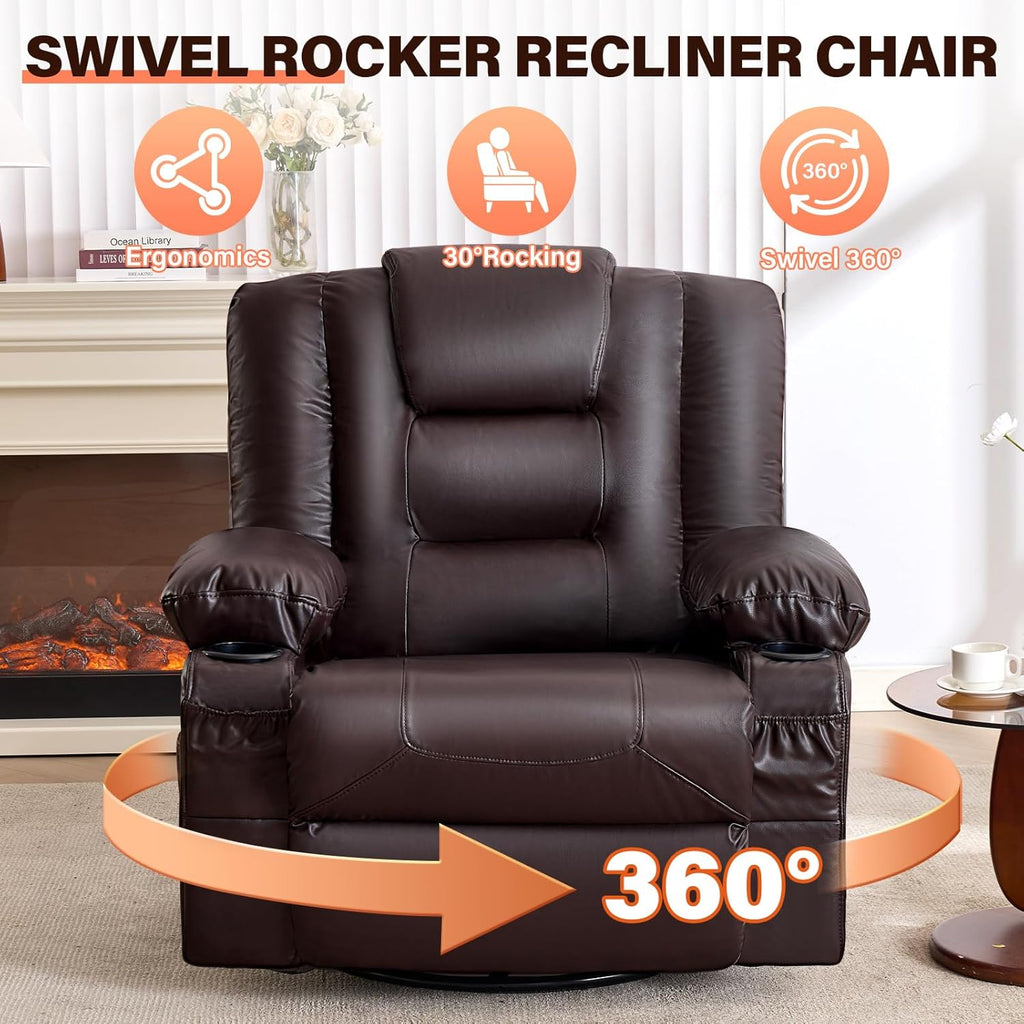 MAHOMICO Swivel Rocker Recliner Chair with Vibration Massage and Heat for Living Room,with Rocking Function and Side Pocket, PU Leather USB Charge Port,2 Cup Holders