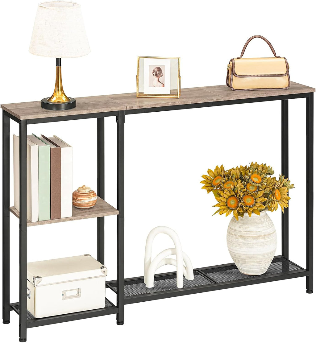 HOOBRO Narrow Console Table, Sofa Table, 44.9" Skinny Entryway Table | Long Behind Couch Table with Storage Shelves, for Living Room, Foyer, Hallway, Greige and Black BG86XG01