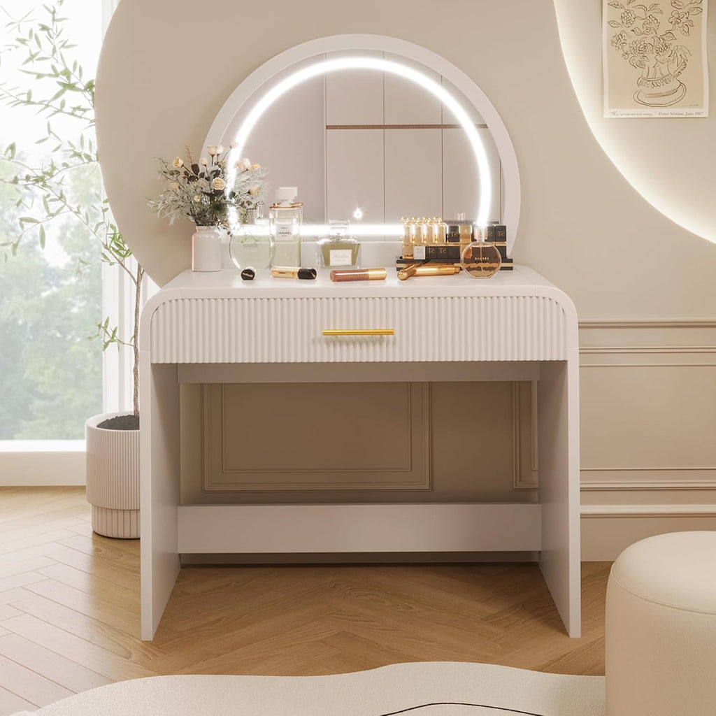 39" Vanity with Round Lighted Mirror & Touch Screen, Led Smart Mirror with 3 Color Lighting, Vintage Makeup Vanity with Drawer & Removable Top Dual-Purpose Desk for Bedroom, White