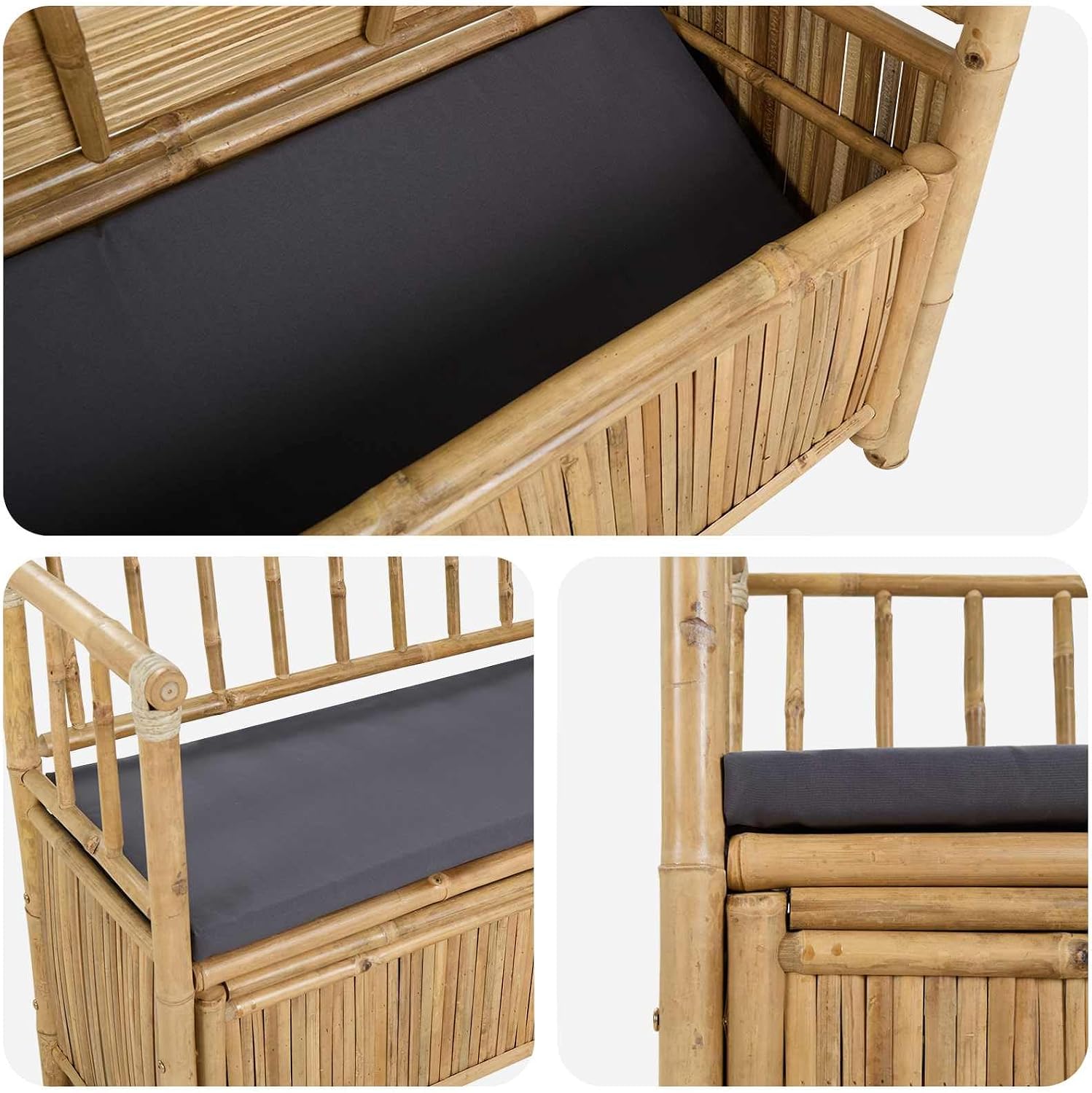 Bamboo Garden Storage Bench 110x47x80 cm, Natural Outdoor Bench with Hidden Seat Storage, Post Leg Design for Patio or Sunroom, Easy Assembly Required