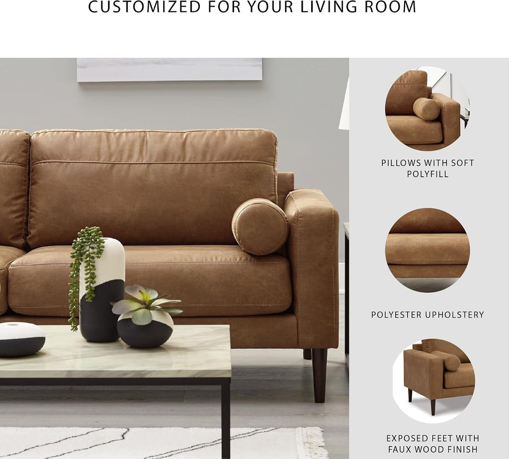 Signature Design by Ashley Telora Faux Leather 3 Seater Sofa Couch, Caramel | Medium plush fiber-wrapped foam seating, Track arms, Loose back cushions, Mid-century modern style