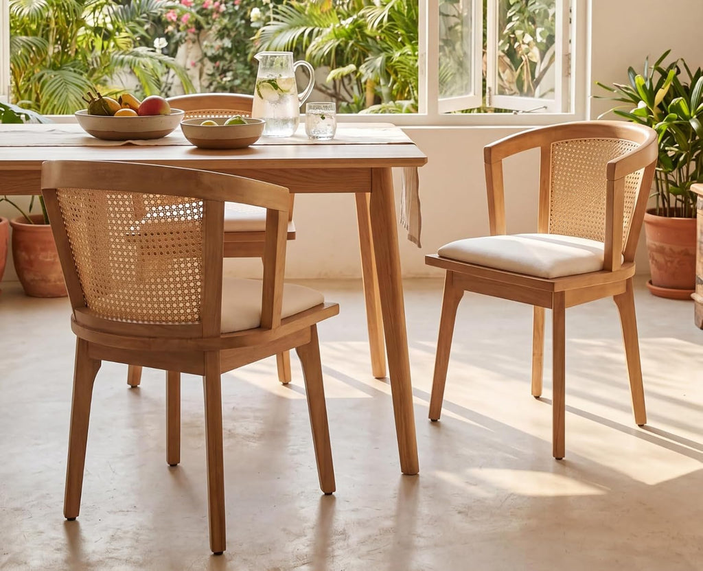 EALSON Rattan Mid Century Dining Chairs Set of 2 Modern Farmhouse Wooden Dining Room Chairs with Cane Curved Back Linen Fabric Upholstered Comfortable Kitchen Side Chairs for Restaurant, Beige