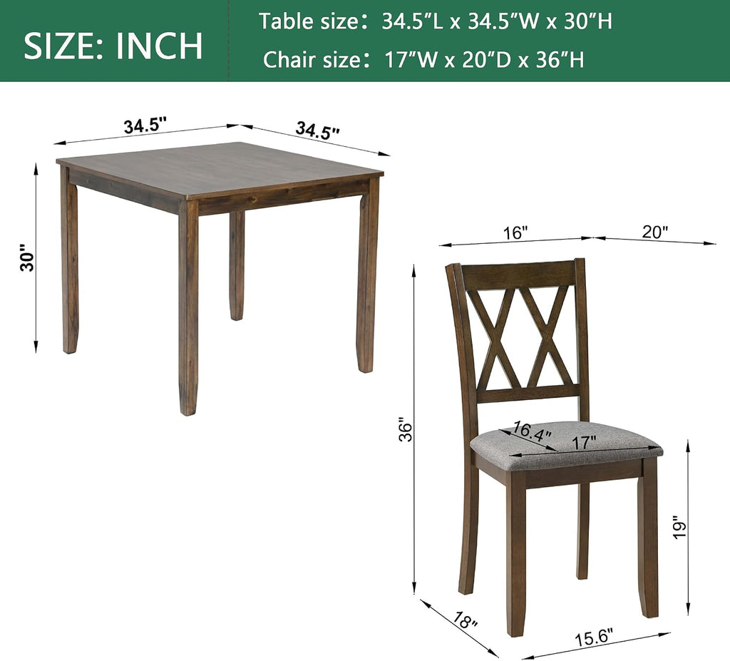LUMISOL 5-Piece Solid Wood Dining Table Set for 4, Farmhouse Kitchen Table Set with 4 Upholstered Chairs for Kitchen, Dining Room, Living Room, Walnut