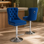 Blue Modern Swivel Bar Stools Set of 2, Velvet Counter Height Bar Stools for Kitchen Island, Adjustable Bar Chairs Barstools, Tufted Back, Silver Base, Sillas para Barra de Cocina (Blue, 2 Pcs)