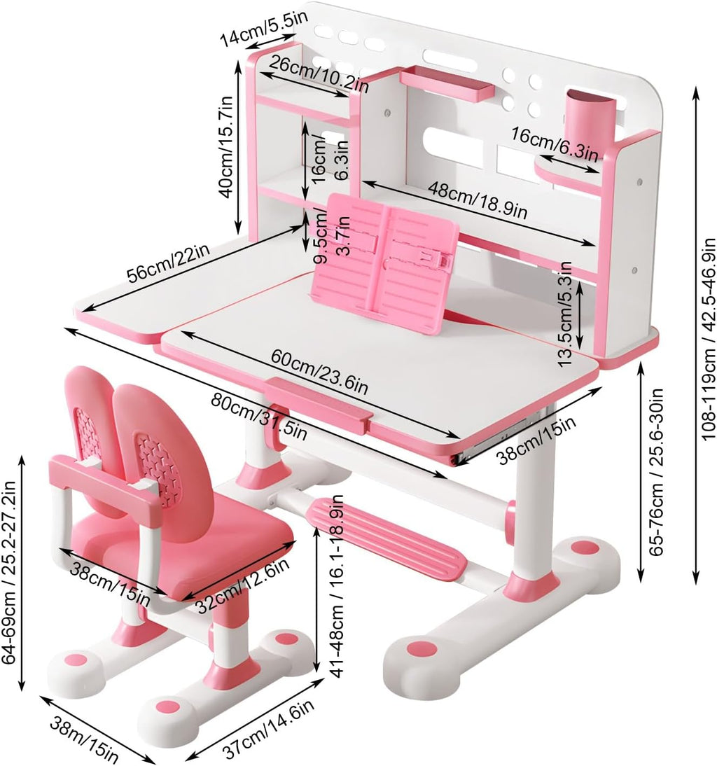 Kids Desk and Chair Set, Height Adjustable Kids Study Desk with Bookshelf and Storage Drawer, 50 Degree Tiltable Desktop Children’s Table and Chairs for Bedroom Study Room Pink