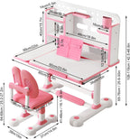 Kids Desk and Chair Set, Height Adjustable Kids Study Desk with Bookshelf and Storage Drawer, 50 Degree Tiltable Desktop Children’s Table and Chairs for Bedroom Study Room Pink