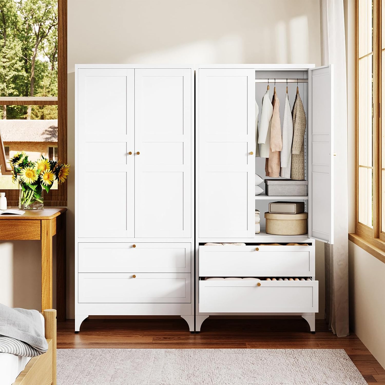 Letaya Metal Armoire Wardrobe Closet with Drawers,Clothing Storage Cabinet with Doors and Shelves,Coat Closet with Hanging Rod,Bedroom,Home,Cloak Room,White-71 H x 32" W x 18" D