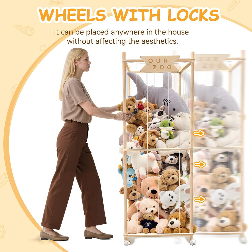 Stuffed Animal Storage Zoo with Wheels, Wooden Large Stuff Animals Plushies Holder, 22.5" D x 22.5" W x 64" H Toy Organizer Storage Cage with Elastic Band and Net for Nursery Playroom Bedroom