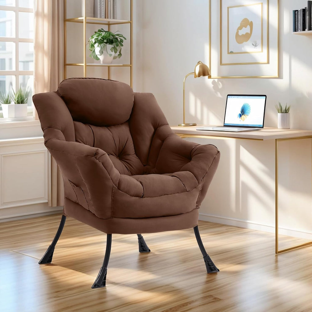Furlide Lazy Chair for Living Room, Modern Accent Chairs with Armrests, Dark Brown Armchairs with Side Pocket, Cozy Lazy Sofa for Reading, Balcony, Bedroom, Dorm, Small Spaces