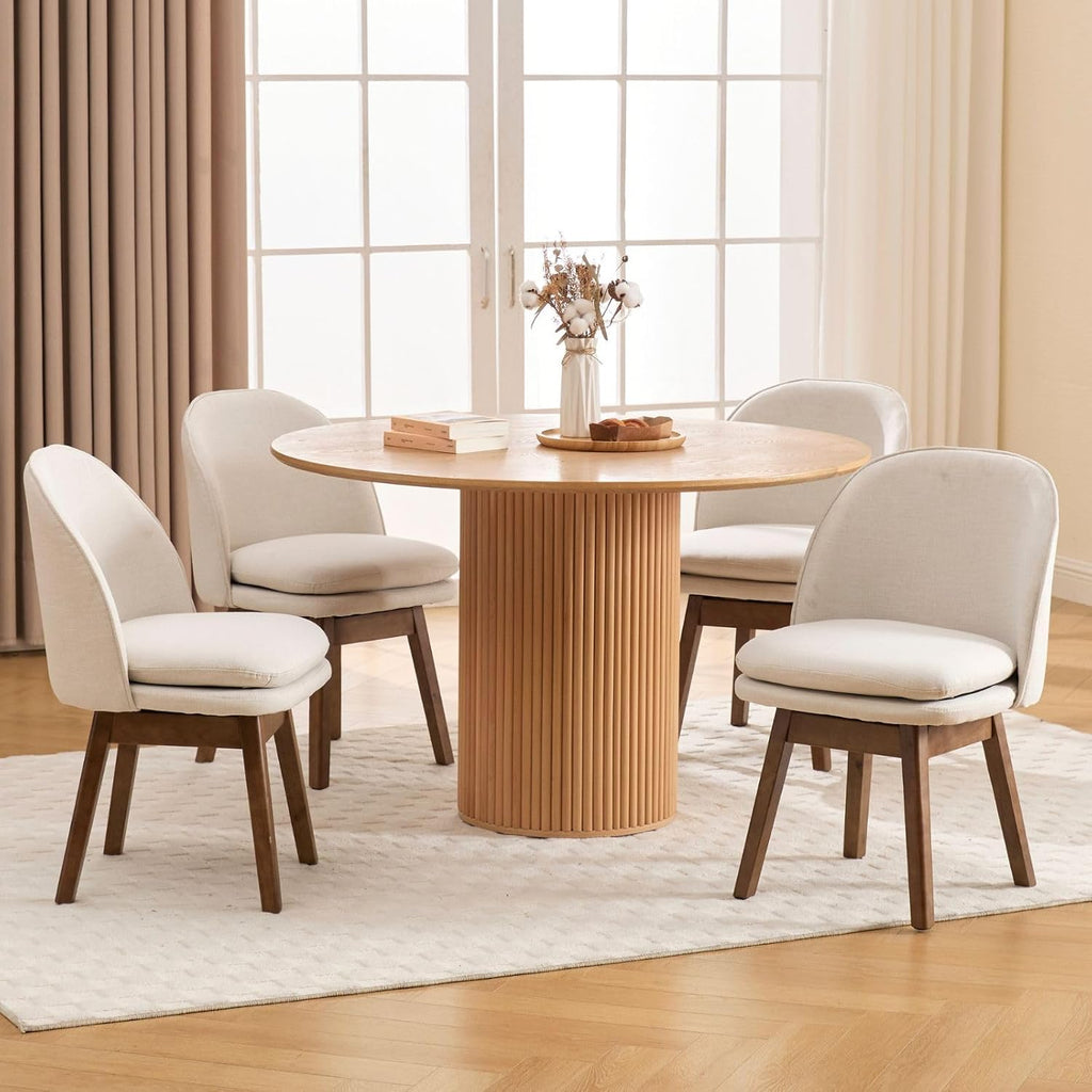 ROCITY Swivel Dining Chairs Set of 2, Beige Linen Kitchen Chairs with Solid Wood Legs, Mid Century Modern Upholstered Dining Room Chair Armless Accent Chair for Kitchen/Restaurant