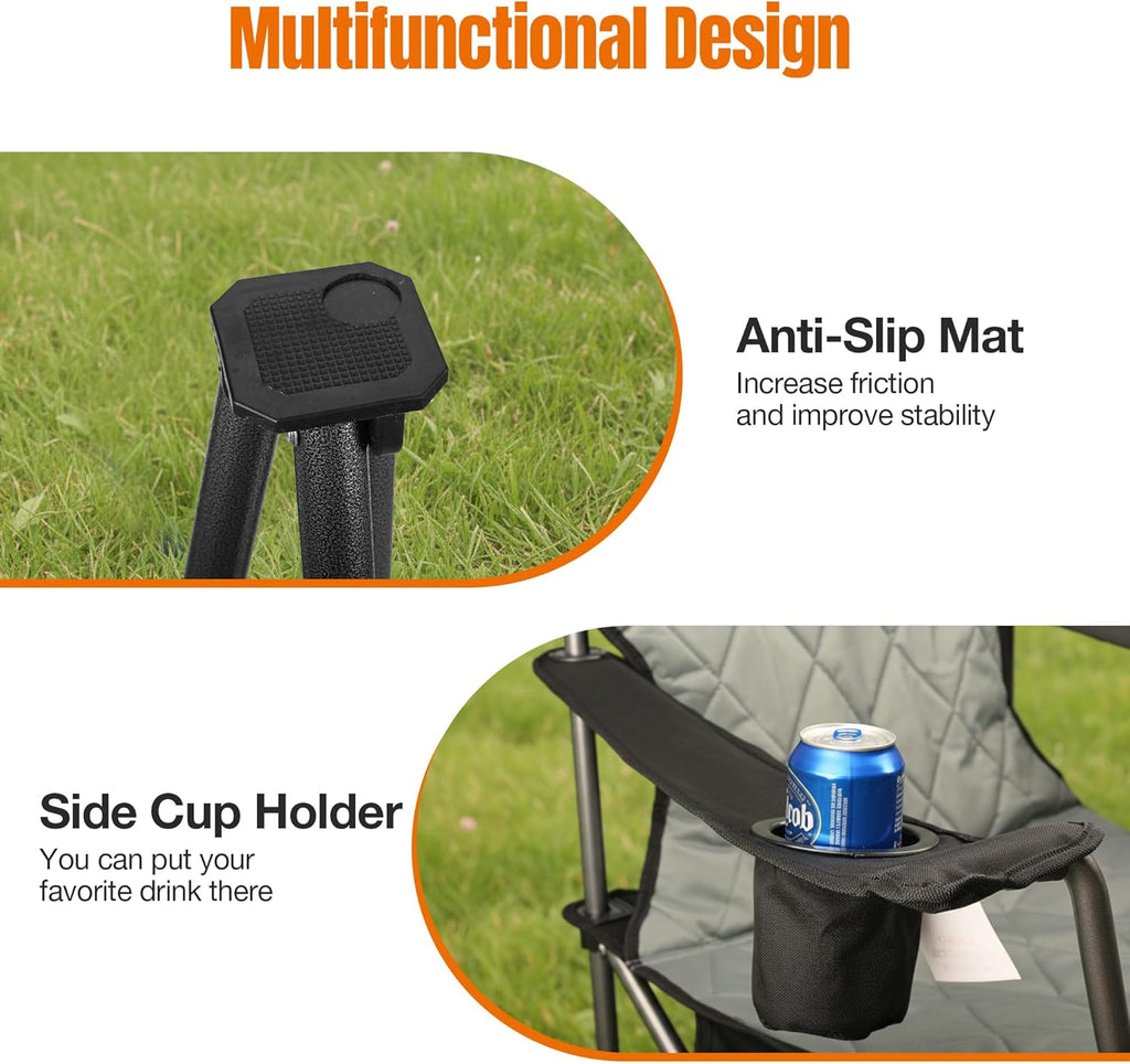 Padded Camping Chair with Sturdy Armrests, Heavy Duty Folding Chair for Adults Supports 350lbs, Portable Outdoor Chair with Reinforced Carry Bag for Camping, Fishing, Lawn & Sports