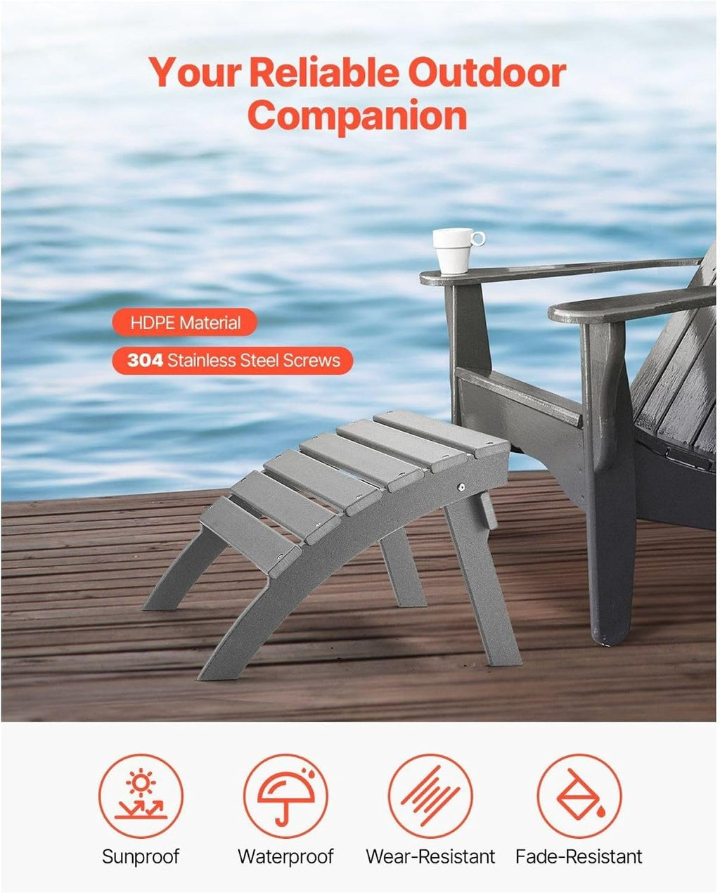 Adirondack Ottoman 21.5L x 18.9W x 14.8H Inch HDPE Folding Patio Footrest Gray