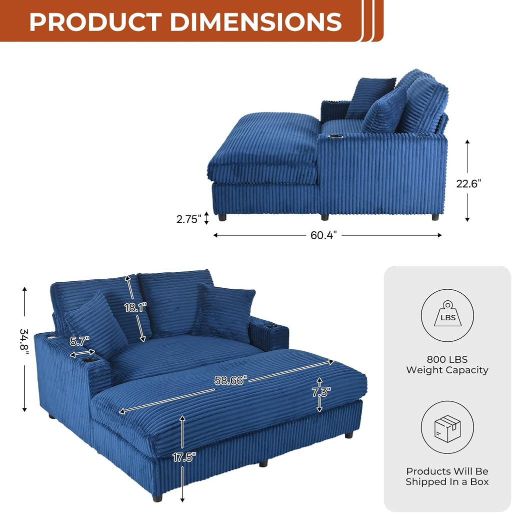 60" Oversized Chaise Lounge Chair Indoor, Upholstered Sofa Bed with Pillows & 2 Cup Holders, Sleeper Couch Comfy Corduroy Recliner Chair for Living Room, Movie Room, Bedroom, Blue