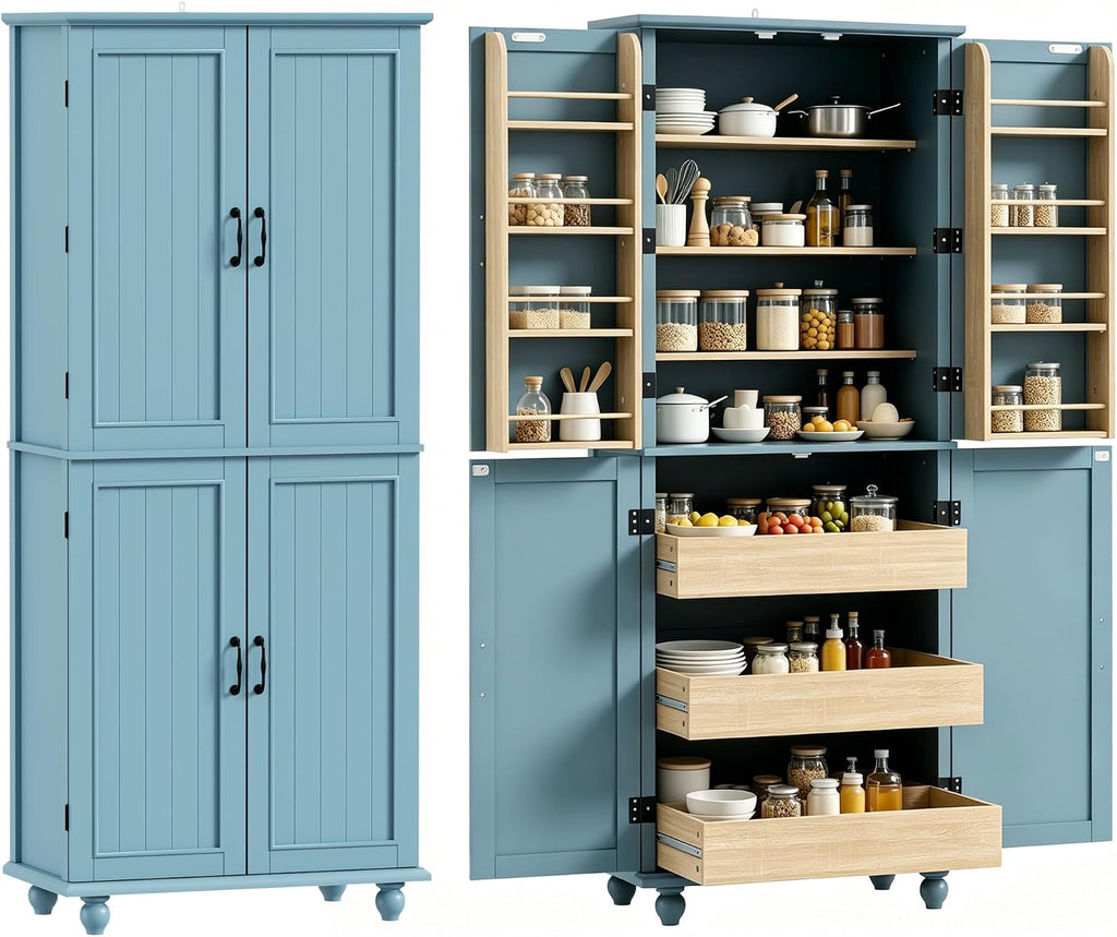Scurrty Vintage Kitchen Pantry Cabinet with Drawers and Door Shelves, Blue | 69'' Tall Cupboard, Pull Out Trays, Painted, Heavy Duty, Roman Column Leg, Adjustable Shelf, Farmhouse Hutch, Food Organizer