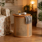Hollow Woven Rattan Side Table, Round End Table for Living Room, Coffee Table for Small Space, Easy Assembly (Natural)
