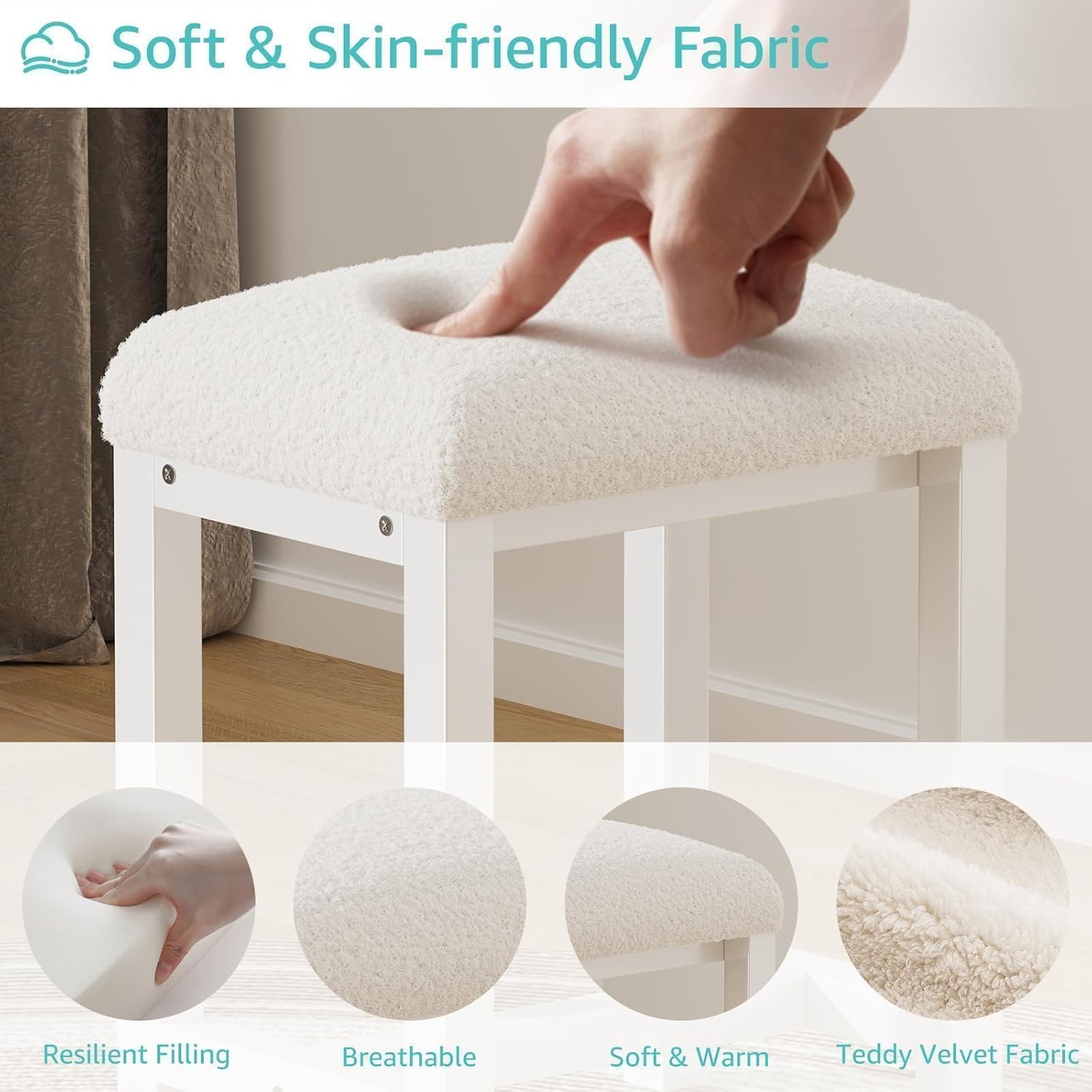 Small Vanity Stool, Cute Vanity Stools with Cushion, White Makeup Vanity Chair for Small Spaces, Living Room, Bedroom, Bathroom, Entryway, Ottoman Foot Rest for Couch Sillas Modern