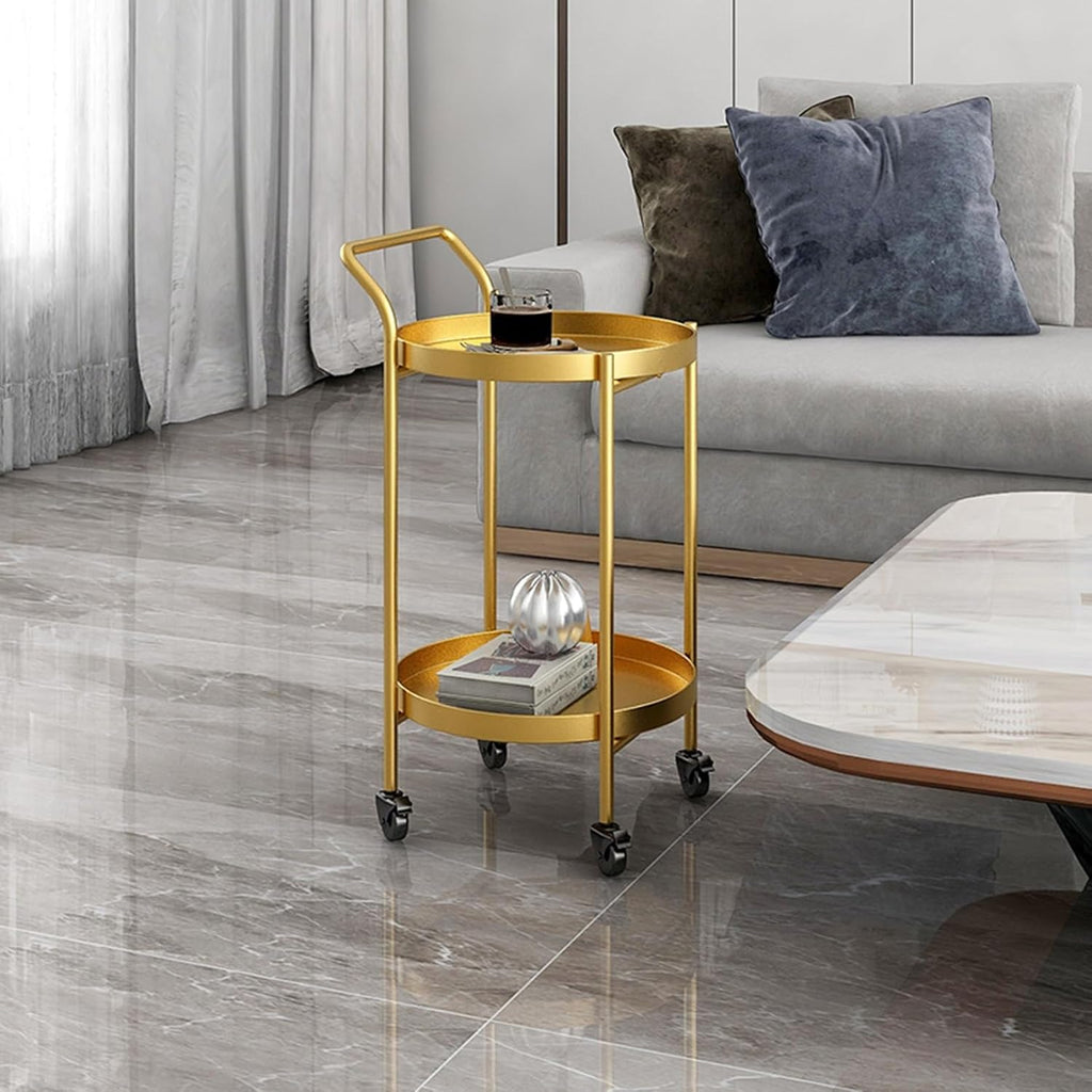 Round Side Table Metal End Coffee Table with Wheel Movable Tray Sofa Cart(Gold,2 Tier)