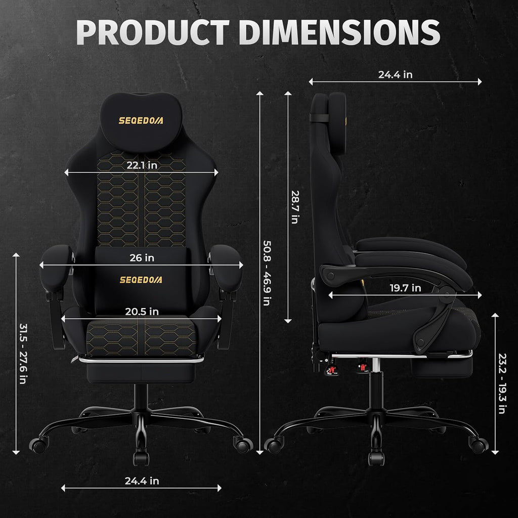 Honeycomb Embossed Gaming Chair with Footrest & Massage Lumbar Support, Adjustable Ergonomic Office Chair for Adults, 300 lbs (Black)