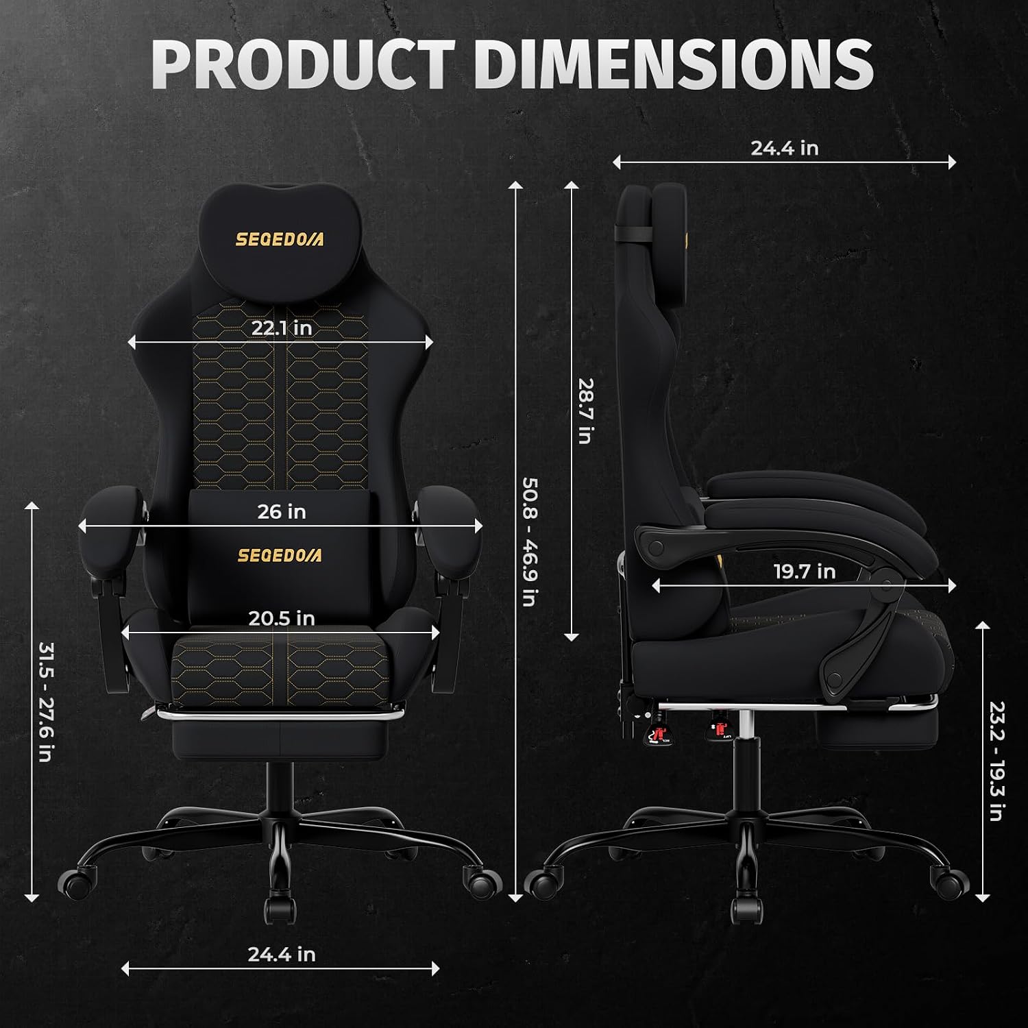 Honeycomb Embossed Gaming Chair with Footrest & Massage Lumbar Support, Adjustable Ergonomic Office Chair for Adults, 300 lbs (Black)