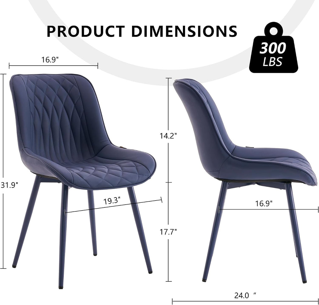 YOUNIKE Faux Leather Dining Chairs Set of 2 Mid-Century Modern High Padded Back Comfy Upholstered Kitchen Chairs with Metal Legs Wide Seat Accent Side Chair for Dining/Living/Waiting Room Navy Blue
