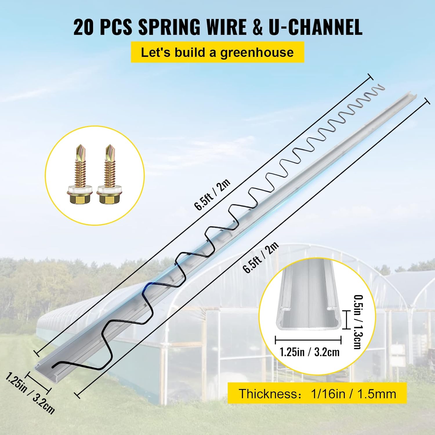 VEVOR Greenhouse Spring Wire and Lock Channel 20 Packs, 6.56 ft PE Coated Aluminum Alloy Bundle Kit, Plastic Poly Film or Shade Cloth Attachment w/Screws, Silver