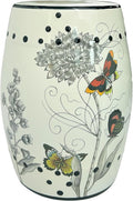 Hand-Painted Floral Bird Ceramic Drum Stool - Oriental Artistry Storage Ottoman, Accent Seat, End Table (The Butterfly‘s Floral Dance)