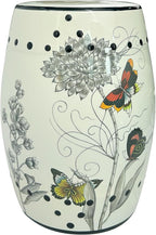 Hand-Painted Floral Bird Ceramic Drum Stool - Oriental Artistry Storage Ottoman, Accent Seat, End Table (The Butterfly‘s Floral Dance)