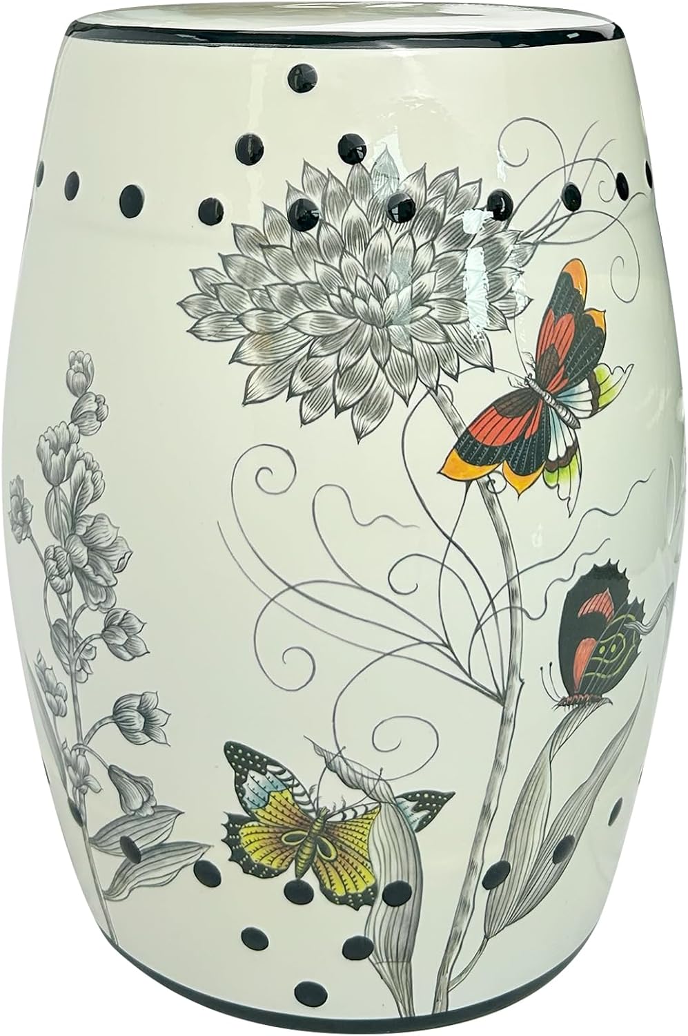 Hand-Painted Floral Bird Ceramic Drum Stool - Oriental Artistry Storage Ottoman, Accent Seat, End Table (The Butterfly‘s Floral Dance)