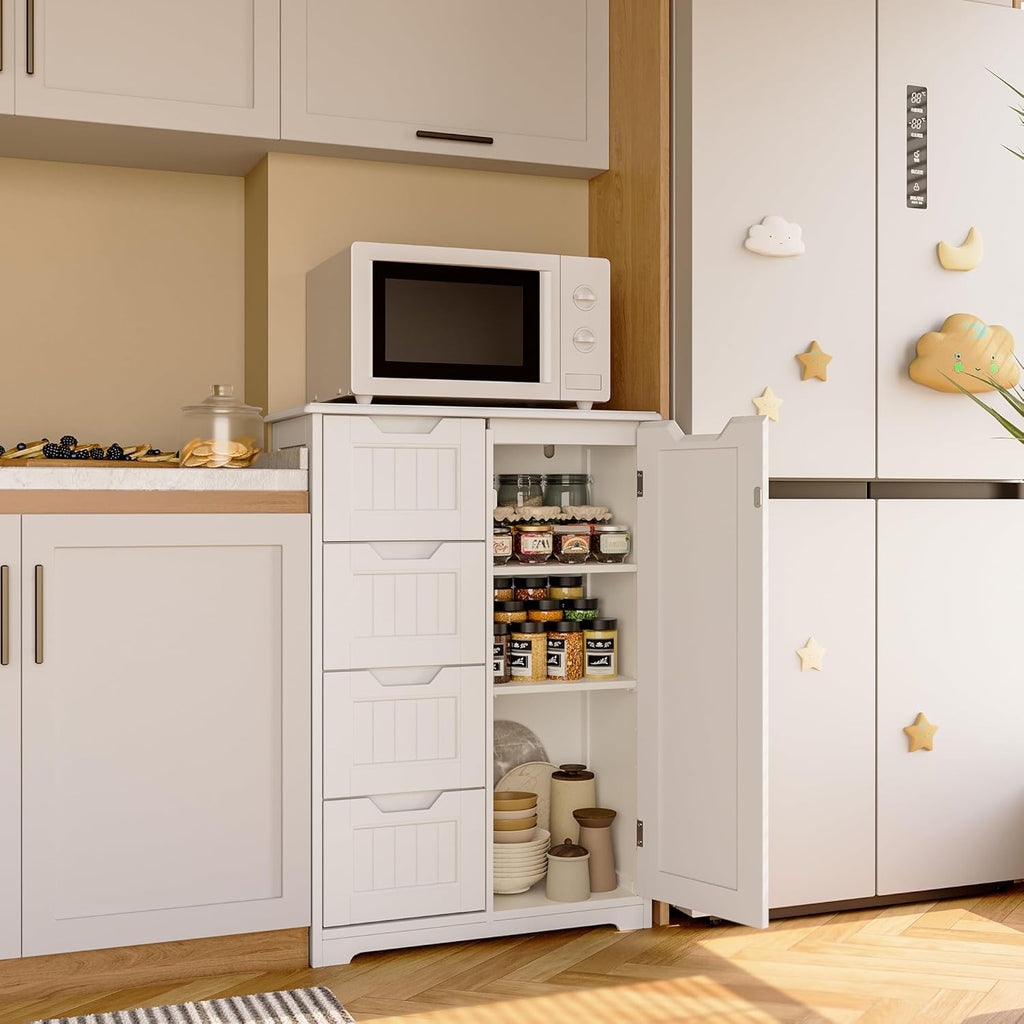Gizoon Small Pantry with Door and Shelves, 33'' Kitchen Pantry Storage Cabinet Freestanding Samll Coffee Bar Cabinet with 4 Drawers for Kitchen and Dining Room, White, Painted