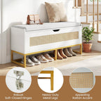 Giantex Rattan Shoe Bench, Flip-Top Entryway Bench with Removable Padded Seat & Hidden Storage, Wooden Shoe Storage Chest with Metal Legs for Bedroom, Hallway, 440 lbs Max Load (White & Gold)