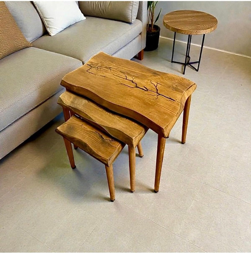 SODEF Handmade Walnut Wood Nesting Side Table Set of 3, Retro Style, Wood Grain, Largest Table 24.4 x 13.4 x 21.7 in, Unique Asymmetrical Design - Brown