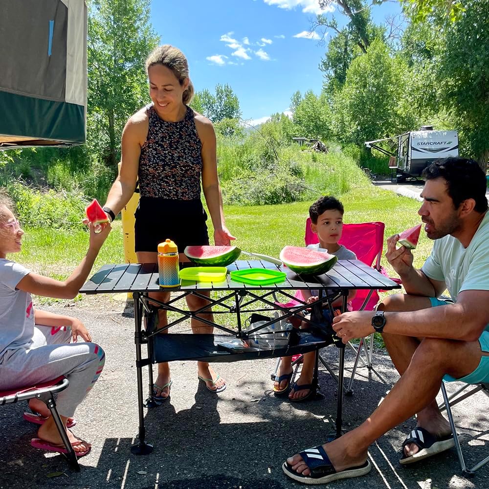 LET'S CAMP Folding Camping Table, Aluminum Roll-up Picnic Backpacking Table | Adjustable Height Camping Table Portable Picnic Dining Table Folding Card Table w/Handle Lightweight for Indoor Outdoor