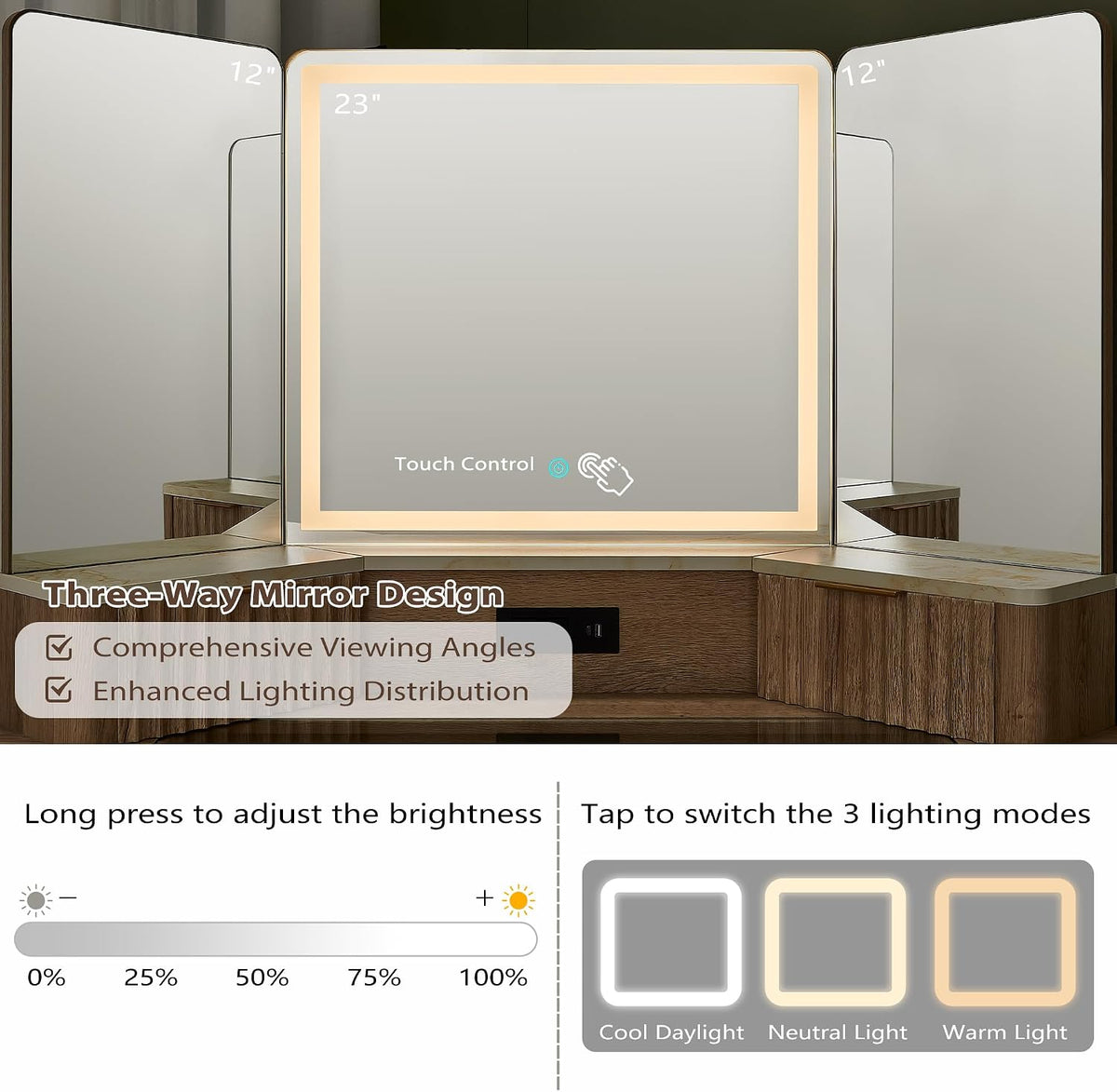 T4TREAM 48" Fluted Corner Makeup Vanity Desk with 3 Way Mirror and Light | Dimmable LED Light, Touch Control, Glass Top, Charging Station, Spacious Drawers, Storage Shelves, Open Cubby, for Bedroom