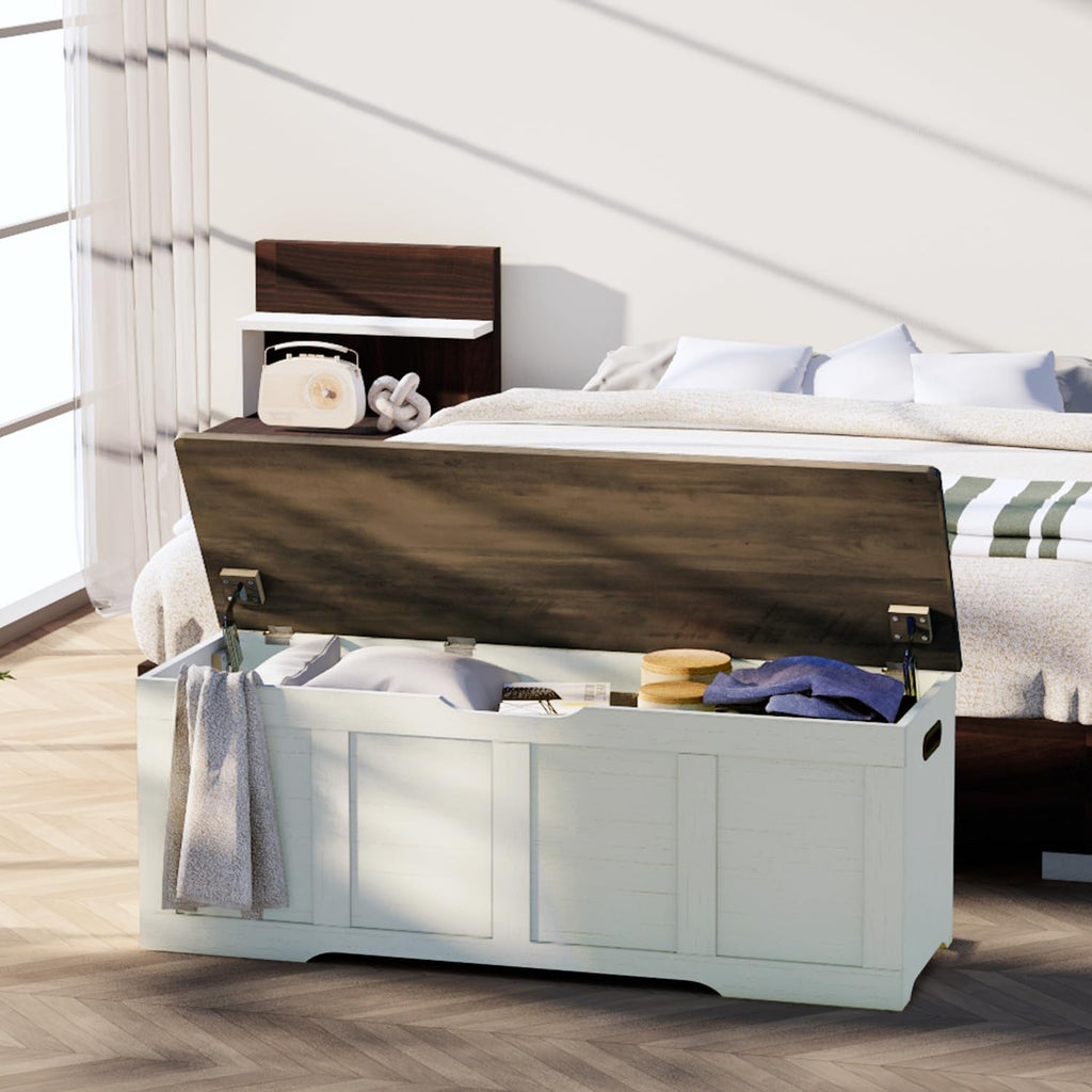 Timberer 47.2" Storage Chest, Extra Large Storage Trunk with 2 Safety Hinges, Wooden Storage Bench, Shoe Bench, Entryway Bench for Living Room, Bedroom, Brown and Rustic White
