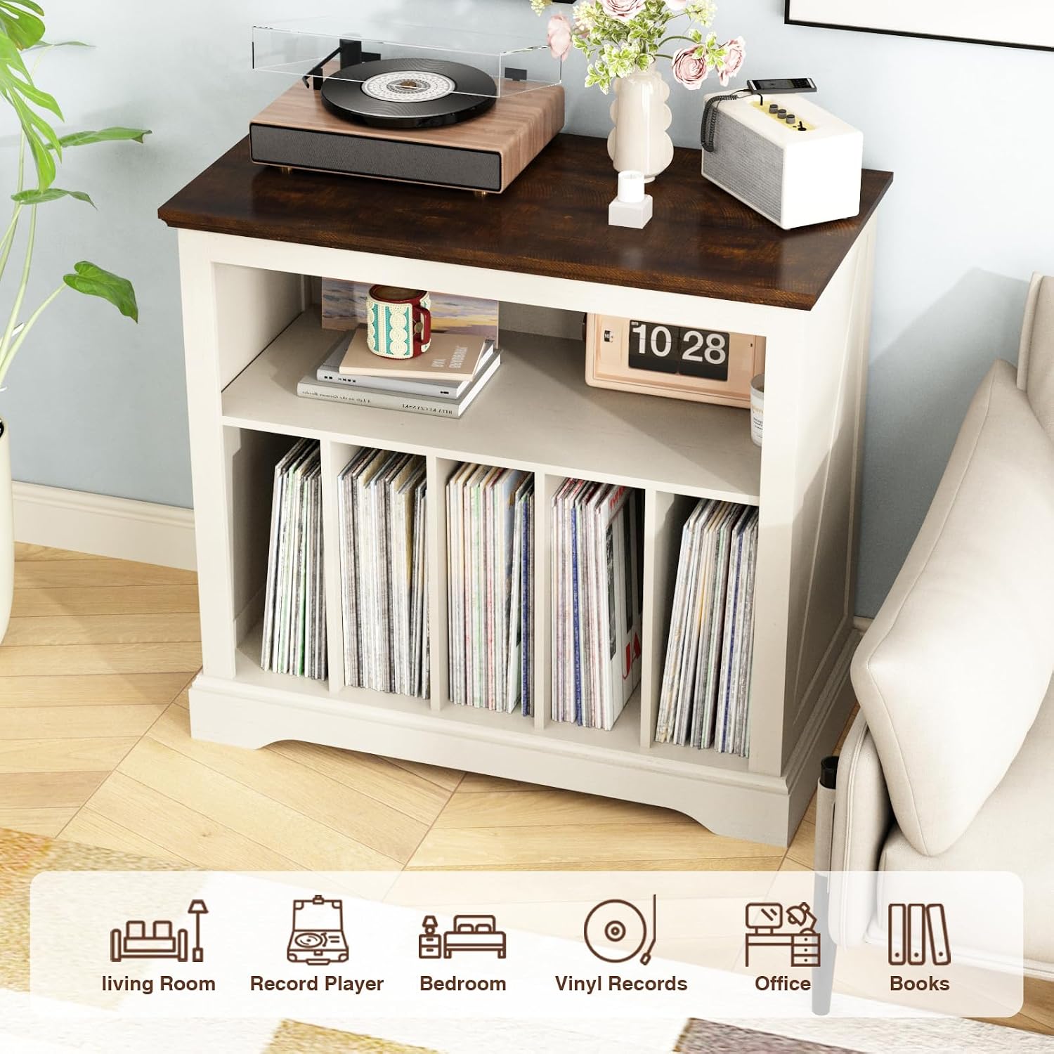 RowyPoey Large Farmhouse Record Player Stand, Turntable Stand,Antique White | with Vinyl Record Storage, Wood Record Holder Storage Cabinet, Stereo Media Dispaly Shelf for Living Room, Bedroom, Office