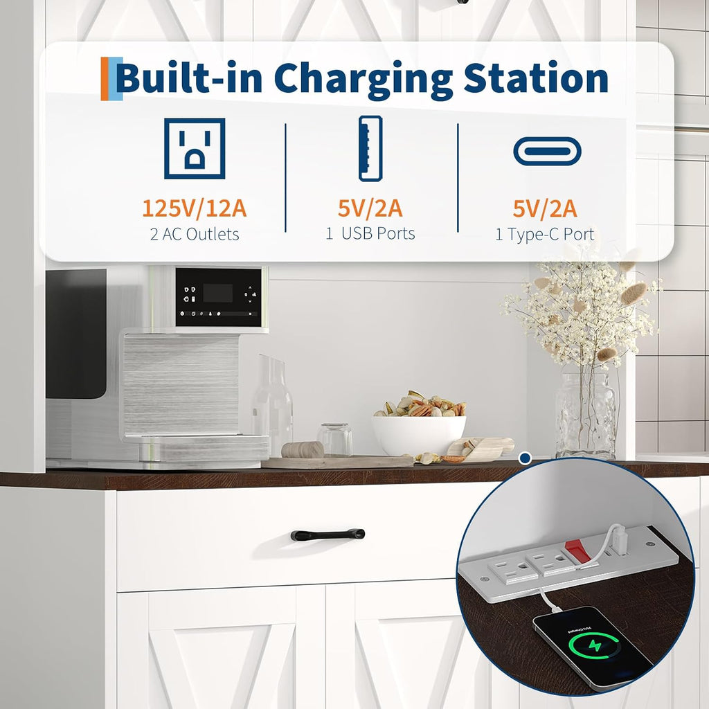 GarveeHome Farmhouse Kitchen Pantry Cabinet, 71" Tall Storage Cabinet with Charging Station, White Kitchen Hutch with Microwave Stand & Storage Drawers for Living Room, Dining Room