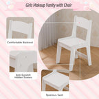 Girls Vanity with Lights, Kids Vanity Table and Chair Set for Princess, Toddler Makeup Vanity Desk with Open Bookshelf, Storage Cabinet & Side Shelves, Stools, White