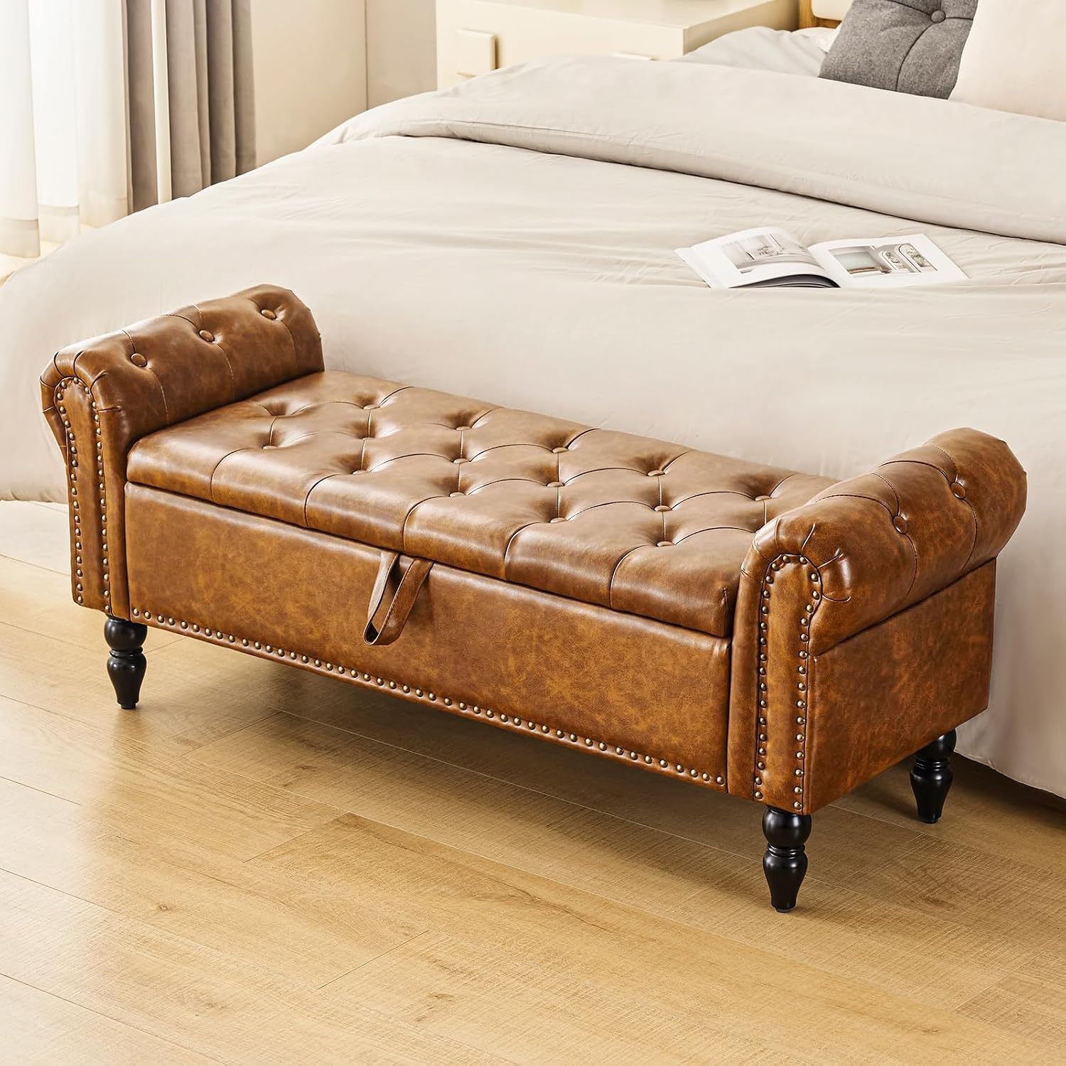 Furnimart Storage Bedroom Bench for End of Bed, Faux Leather Upholstered Storage Ottoman with Rolled Arms for Bedroom,Living Room, Entryway, 2.5Cubic Feet