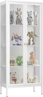 SteeLoong 66" Display Cabinet with Tempered Glass,Metal Curio Cabinet with Glass Doors,4-Tier Display Case for Collectibles,Trophy,Plant,White Storage Cabinets for Living Room - Assemble Required