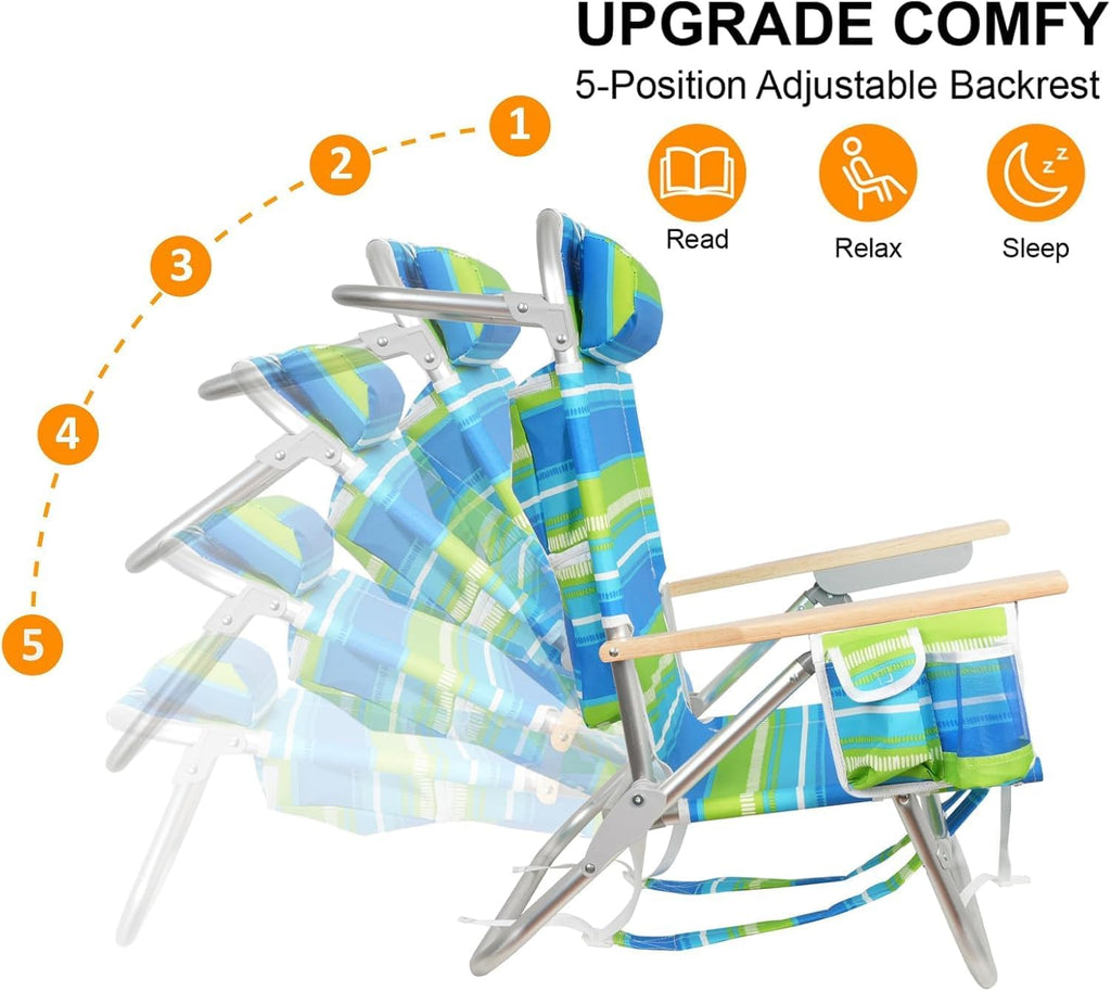 Backpack Beach Chairs for Adults Capacity 300 LBS high 5 Position Beach Chair with Pouch Straps Folding Lightweight Reclining Aluminum Wide Lay Flat Single