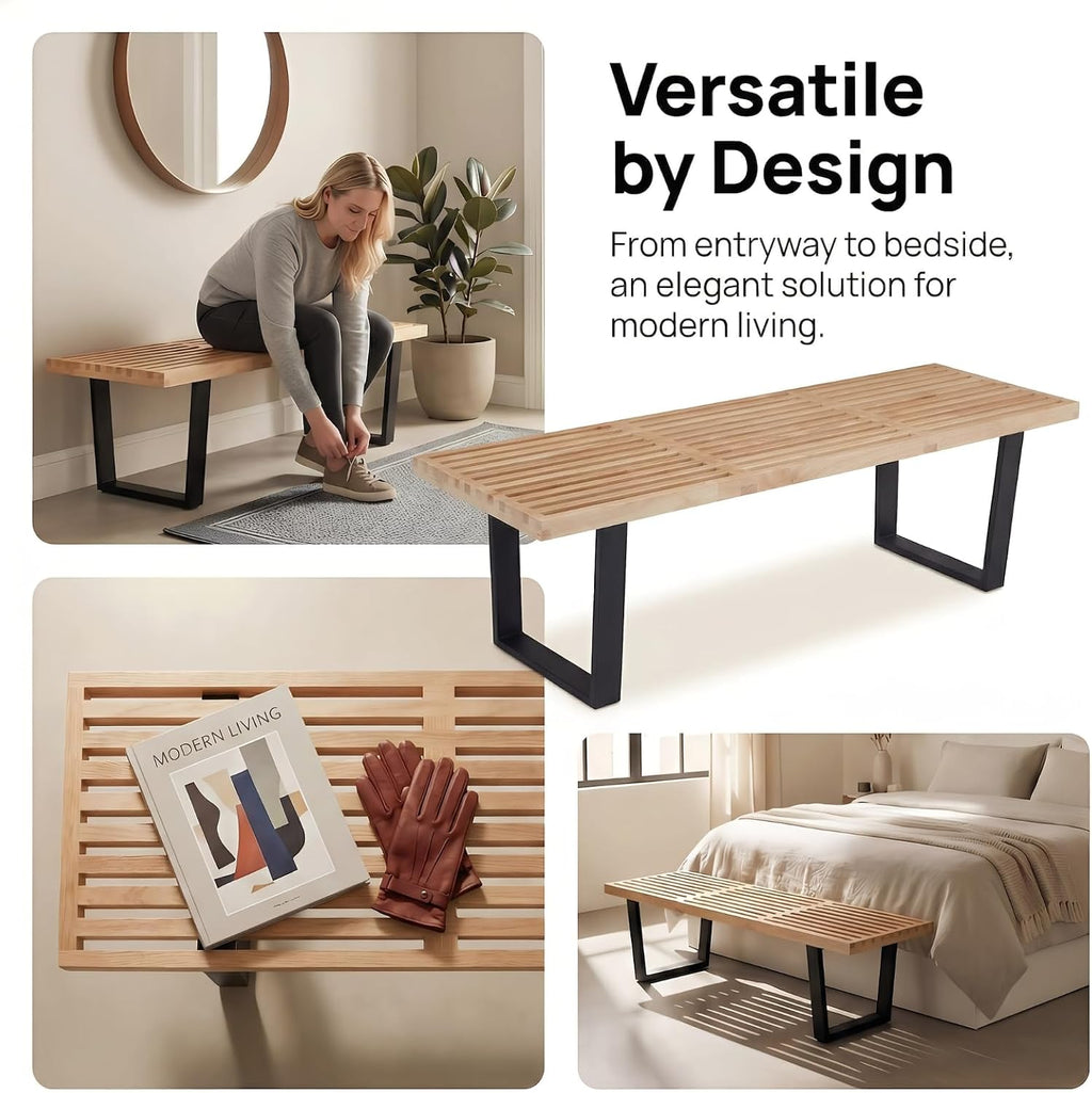 55" Natural Wood Entryway Bench, Industrial End of Bed Bench for Bedroom, Nelson Wooden Dining Bench with Black Metal Frame, Long Bench Ottoman Bench for Living Room Foyer Indoor Hallway