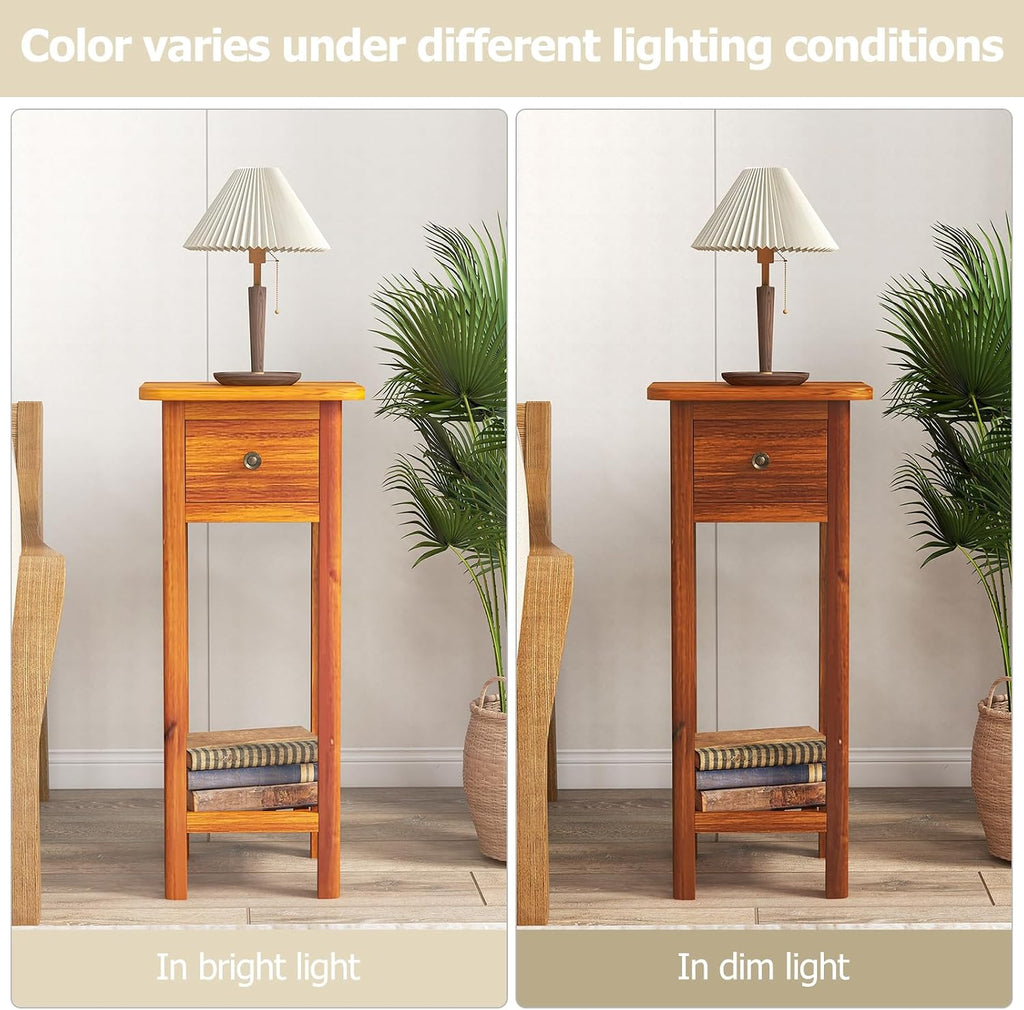 Giantex Narrow End Table with Drawer Set of 2, Tall Acacia Wood Side Table with Bottom Shelf, Modern Bedside Tables, 2-Tier Nightstand for Small Spaces Bedroom Living Room, No Assemble Required, Brown
