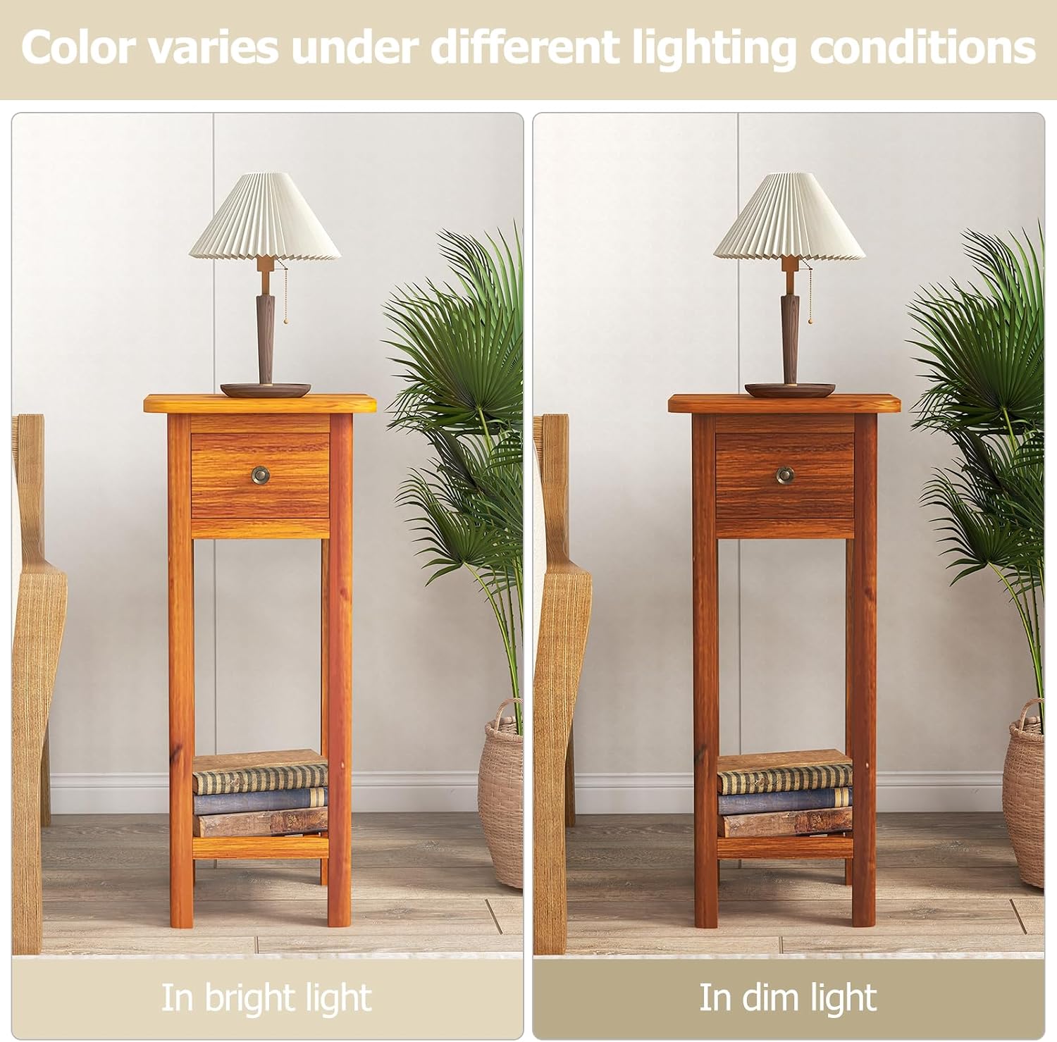 Giantex Narrow End Table with Drawer Set of 2, Tall Acacia Wood Side Table with Bottom Shelf, Modern Bedside Tables, 2-Tier Nightstand for Small Spaces Bedroom Living Room, No Assemble Required, Brown