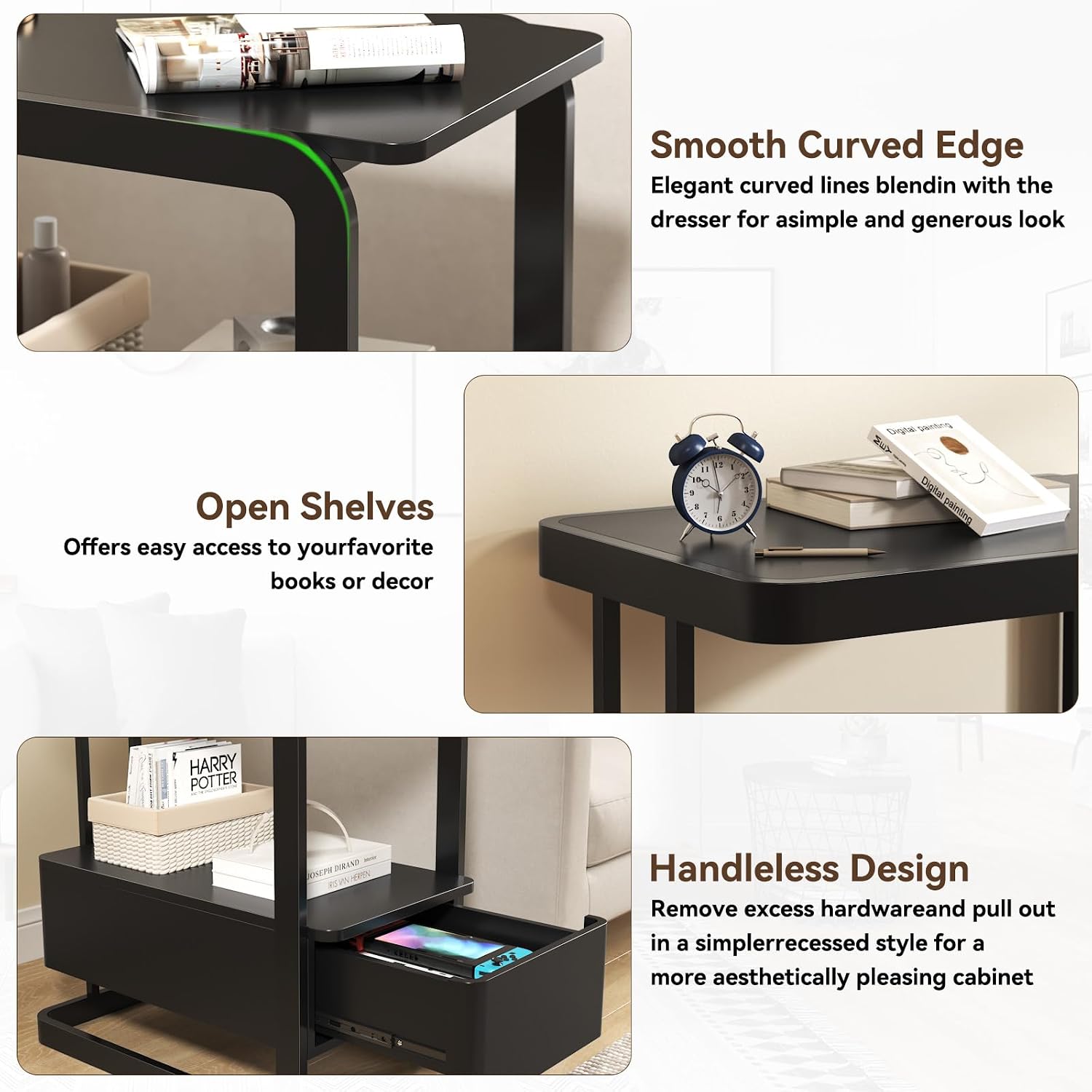 23.6" Tall Narrow Side Table with Drawer and Open Shelf – Modern End Table for Sofa, Couch & Small Spaces, Steel Frame, Lacquered Top, Nightstand for Bedroom, Living Room, Dorm, Black