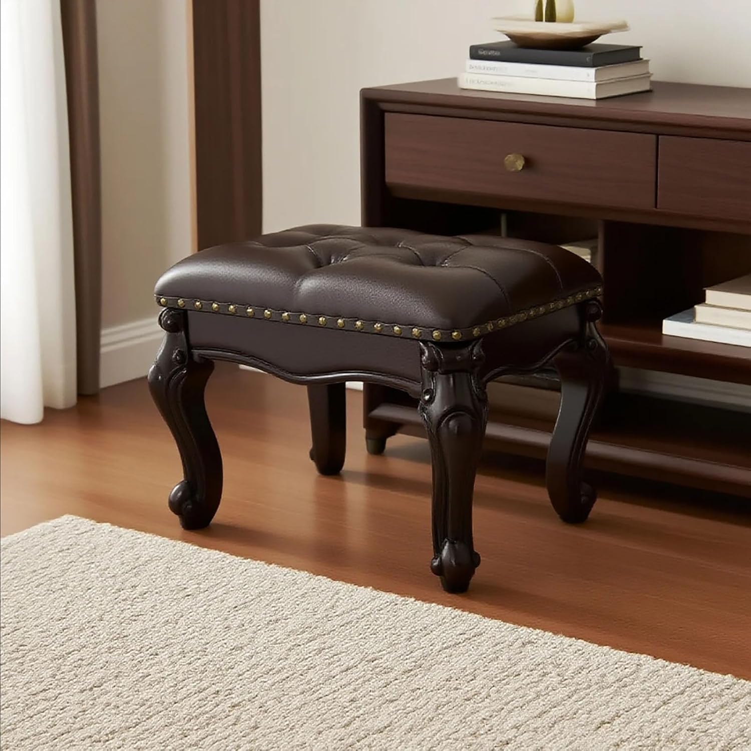 Leather Foot Stool,Vintage Footstools,Wooden Footrest,Upholstered Foot Rest for Living Room,Sofa,Entryway (Walnut)