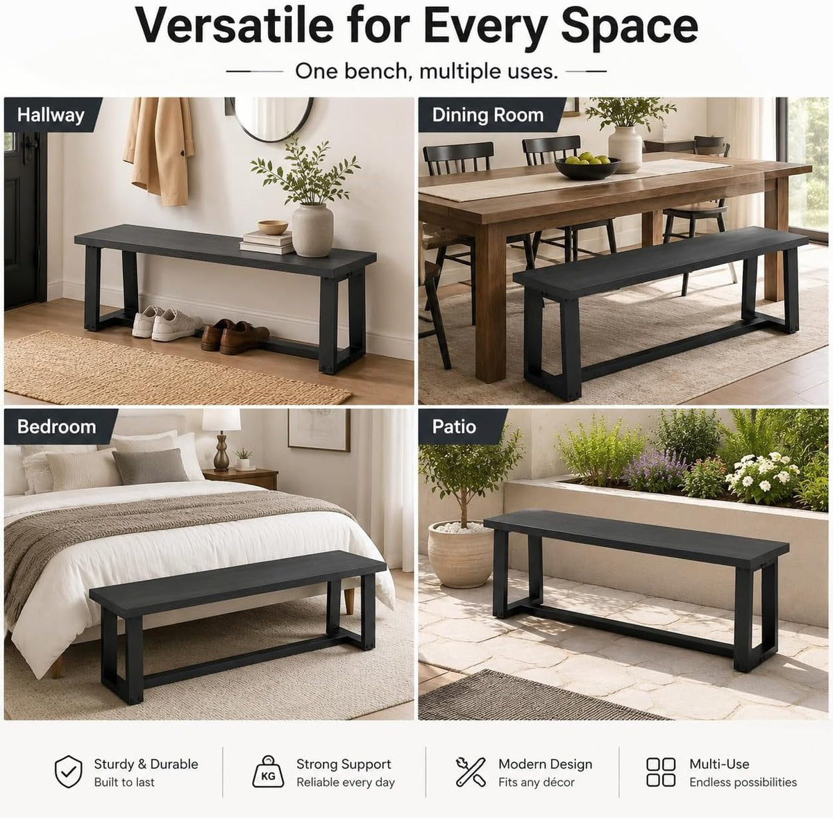 NAFORT Dining Bench, Solid Wood Entryway Bench, Heavy-Duty Outdoor Bench, Modern Dining Table Bench, Bedroom Bench, Living Room Bench, Waterproof Surface, Easy Assembly, Black